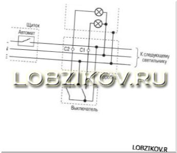 схема включения трёх или пятирожковой люстры